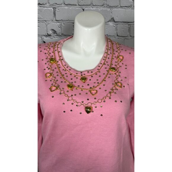 Vintage Jack B Quick Womens XL Pink Long Sleeve Sequin Gold Heart Top - Picture 4 of 10